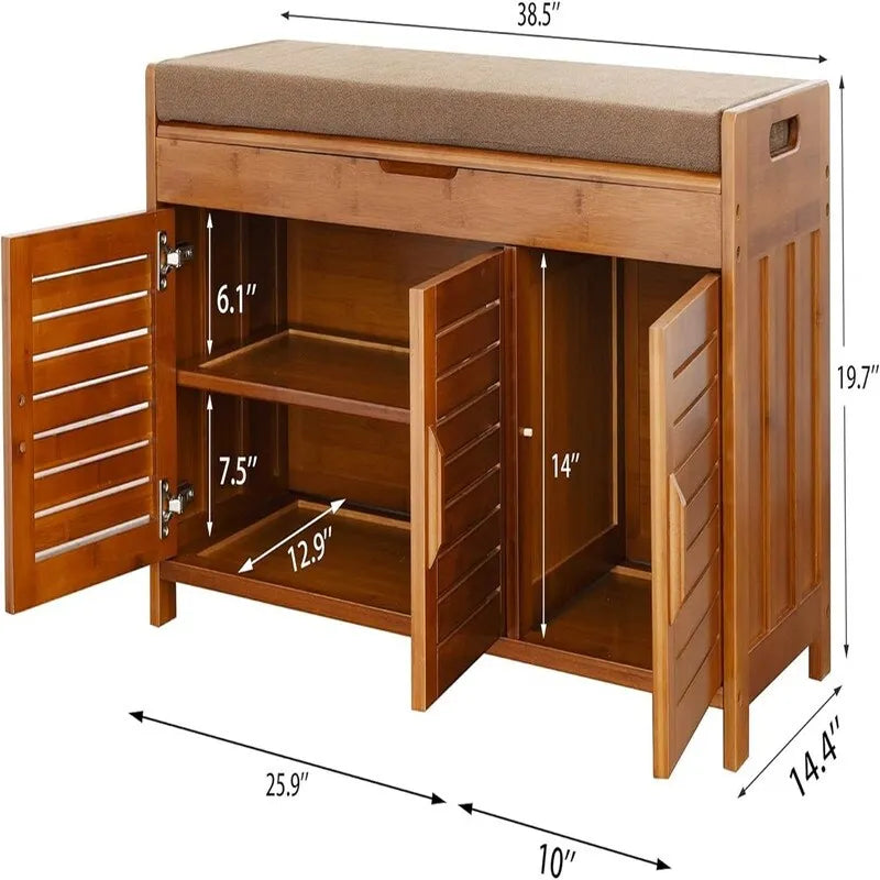 Banco zapatero de bambú con cojín, mueble zapatero con 3 puertas de lamas para recibidor y pasillo