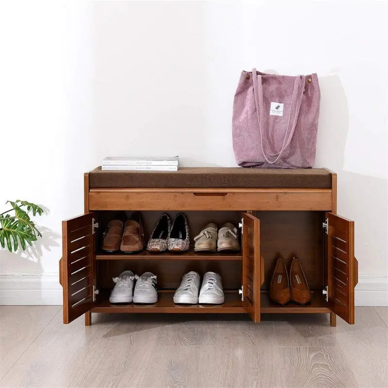 Bamboo Shoe Storage Bench with Cushion, 3 Louvered Doors Shoe Cabinet Bench for Entryway Hallway