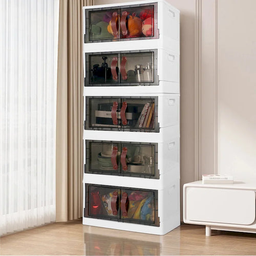 Meuble de rangement pliable à 3 niveaux en plastique, organisateur empilable avec portes transparentes