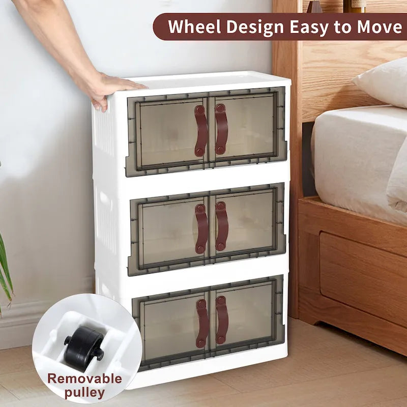 3-Tier Foldable Plastic Storage Cabinet, Stackable Storage Organizer with Clear Doors