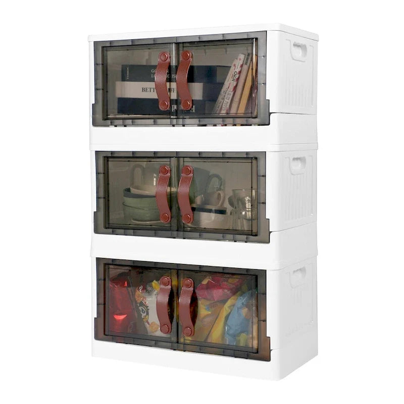 Faltbarer Kunststoffschrank mit 3 Ebenen, stapelbarer Organizer mit transparenten Türen