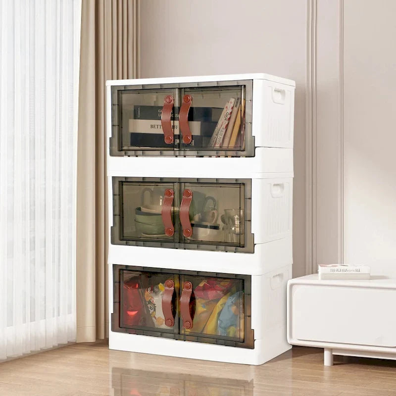 Faltbarer Kunststoffschrank mit 3 Ebenen, stapelbarer Organizer mit transparenten Türen