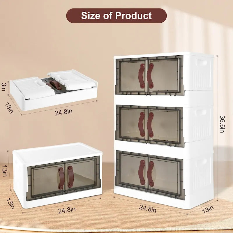 3-Tier Foldable Plastic Storage Cabinet, Stackable Storage Organizer with Clear Doors