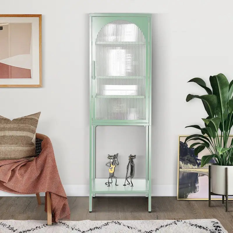 Vitrina alta verde claro, curva y con vidrio estriado, estantería metálica de almacenamiento con estante abierto para decoración del hogar