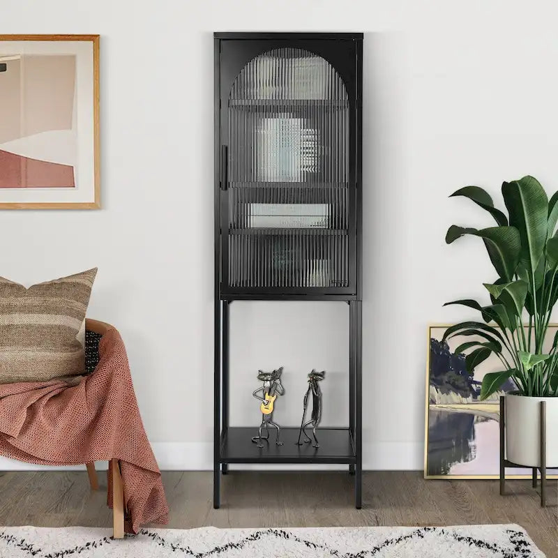 Light Green Tall Curved Fluted Glass Display Cabinet, Metal Storage Bookcase with Open Shelf for Home Decor