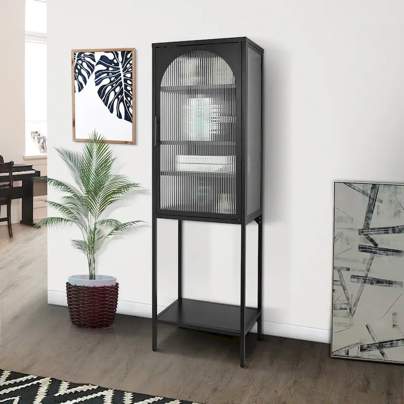 Light Green Tall Curved Fluted Glass Display Cabinet, Metal Storage Bookcase with Open Shelf for Home Decor