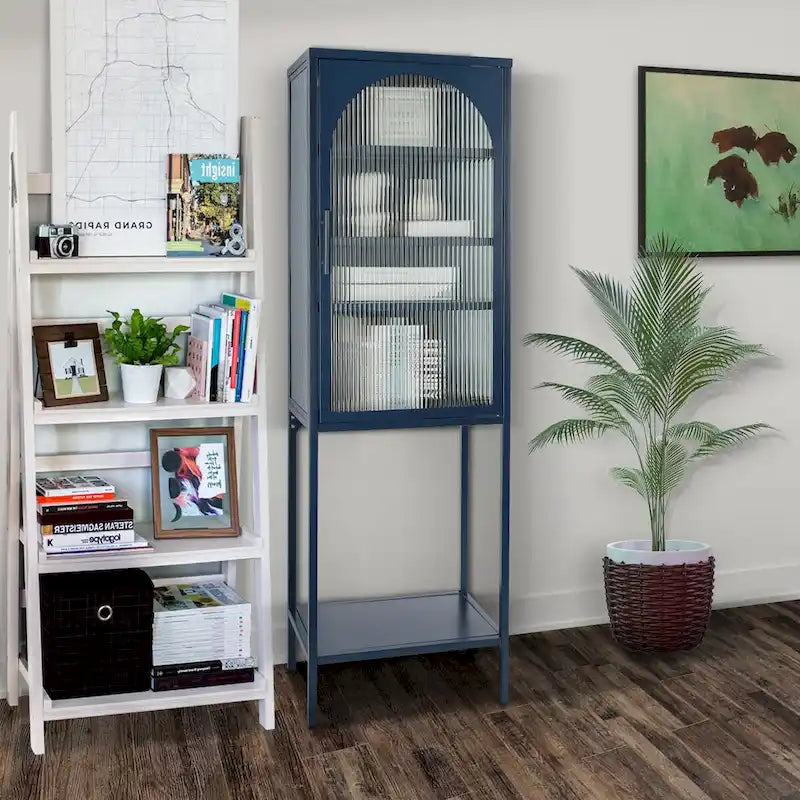 Vitrina alta verde claro, curva y con vidrio estriado, estantería metálica de almacenamiento con estante abierto para decoración del hogar