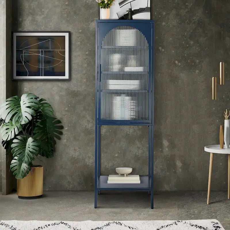Vitrina alta verde claro, curva y con vidrio estriado, estantería metálica de almacenamiento con estante abierto para decoración del hogar