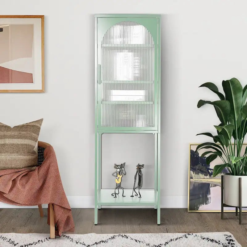 Light Green Tall Curved Fluted Glass Display Cabinet, Metal Storage Bookcase with Open Shelf for Home Decor