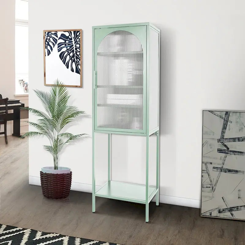 Light Green Tall Curved Fluted Glass Display Cabinet, Metal Storage Bookcase with Open Shelf for Home Decor