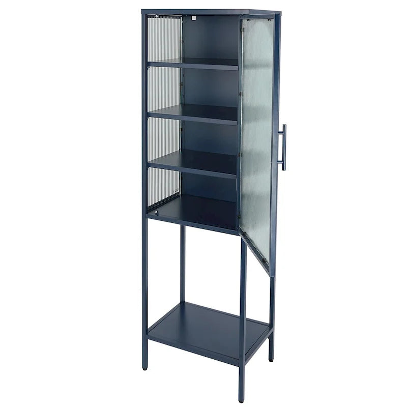 Vitrina alta verde claro, curva y con vidrio estriado, estantería metálica de almacenamiento con estante abierto para decoración del hogar
