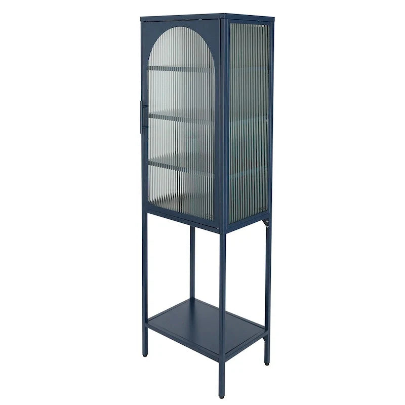 Vitrina alta verde claro, curva y con vidrio estriado, estantería metálica de almacenamiento con estante abierto para decoración del hogar