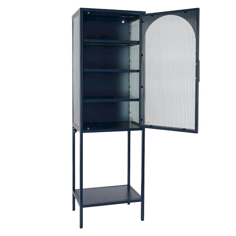 Vitrina alta verde claro, curva y con vidrio estriado, estantería metálica de almacenamiento con estante abierto para decoración del hogar