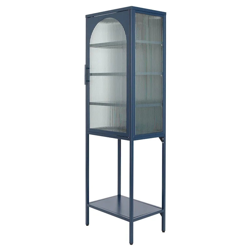 Vitrina alta verde claro, curva y con vidrio estriado, estantería metálica de almacenamiento con estante abierto para decoración del hogar