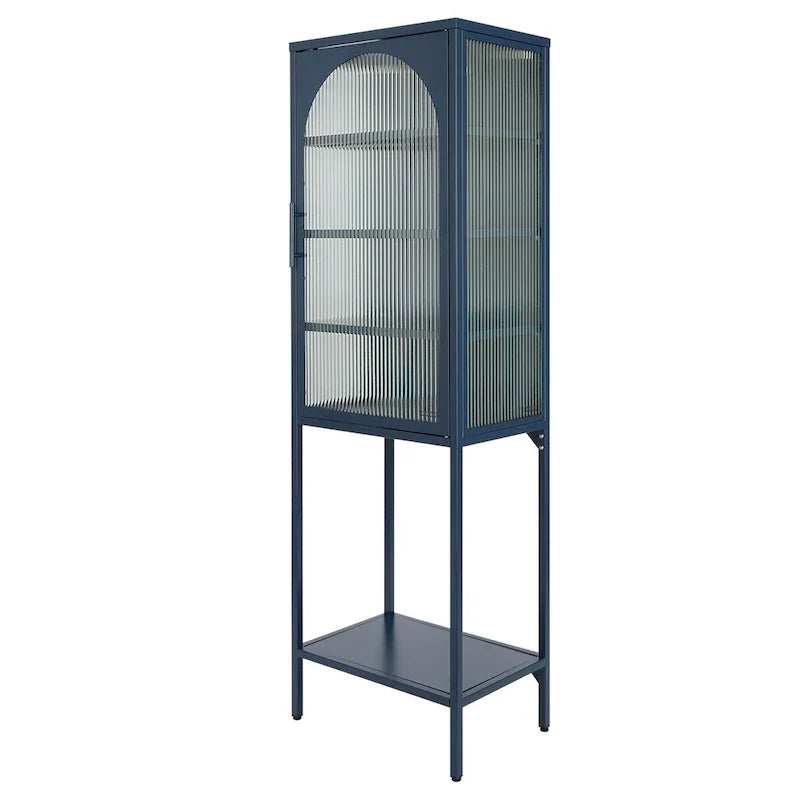 Vitrina alta verde claro, curva y con vidrio estriado, estantería metálica de almacenamiento con estante abierto para decoración del hogar