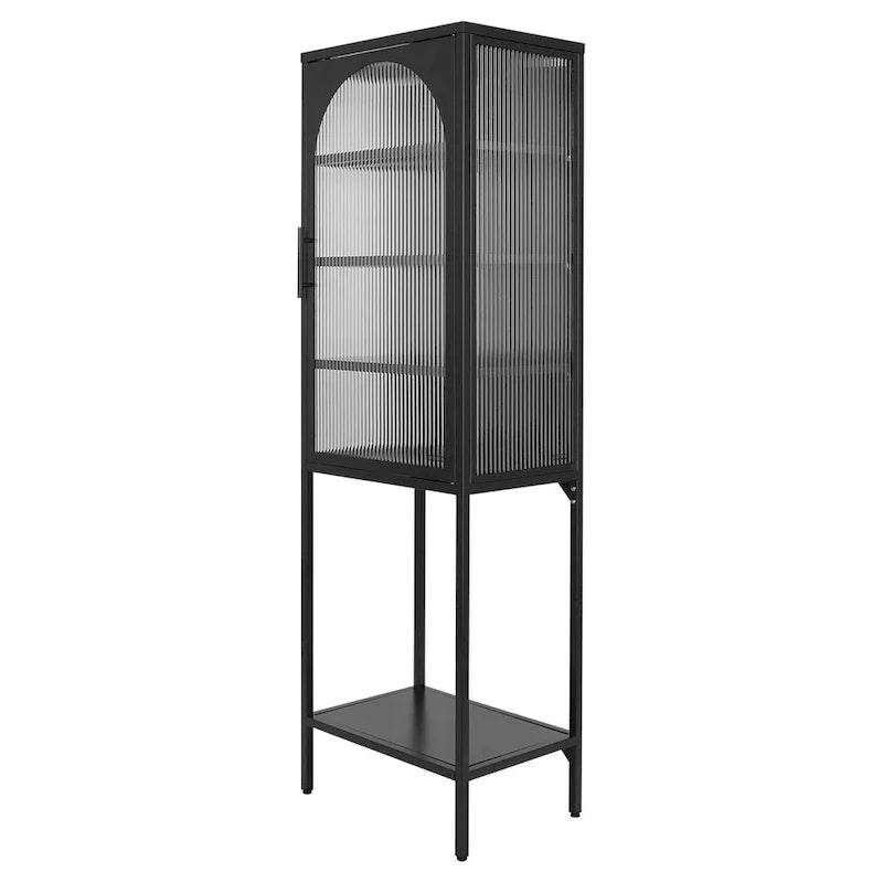 Vitrina alta verde claro, curva y con vidrio estriado, estantería metálica de almacenamiento con estante abierto para decoración del hogar
