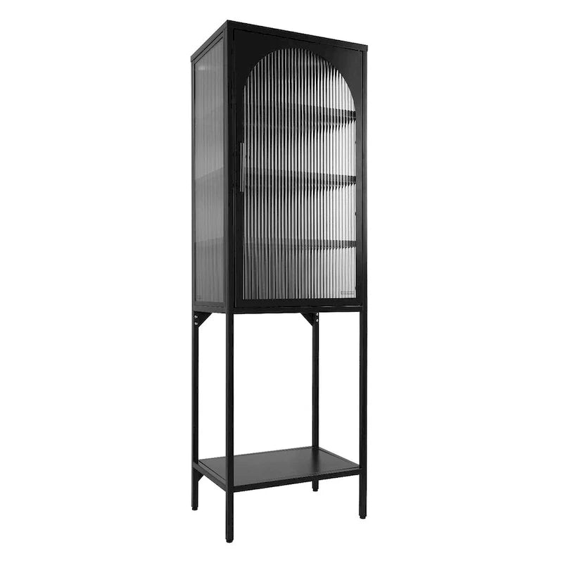Vitrina alta verde claro, curva y con vidrio estriado, estantería metálica de almacenamiento con estante abierto para decoración del hogar