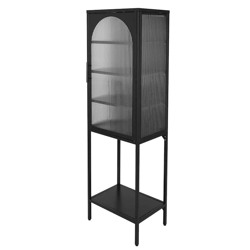 Vitrina alta verde claro, curva y con vidrio estriado, estantería metálica de almacenamiento con estante abierto para decoración del hogar