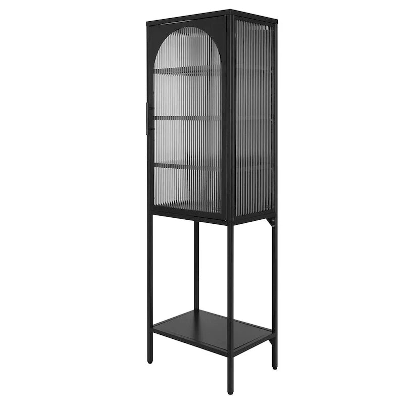 Vitrina alta verde claro, curva y con vidrio estriado, estantería metálica de almacenamiento con estante abierto para decoración del hogar