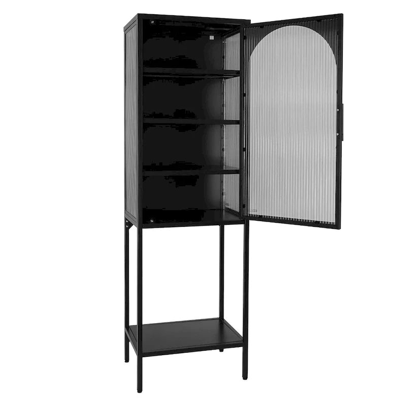 Vitrina alta verde claro, curva y con vidrio estriado, estantería metálica de almacenamiento con estante abierto para decoración del hogar