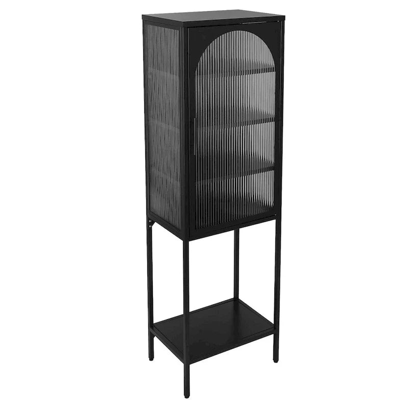 Vitrina alta verde claro, curva y con vidrio estriado, estantería metálica de almacenamiento con estante abierto para decoración del hogar