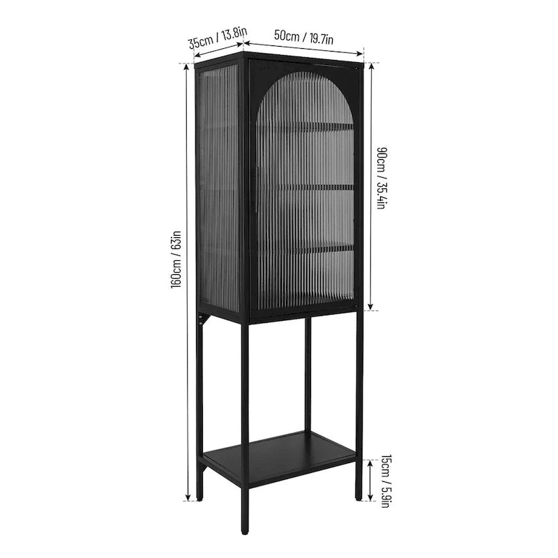 Vitrina alta verde claro, curva y con vidrio estriado, estantería metálica de almacenamiento con estante abierto para decoración del hogar
