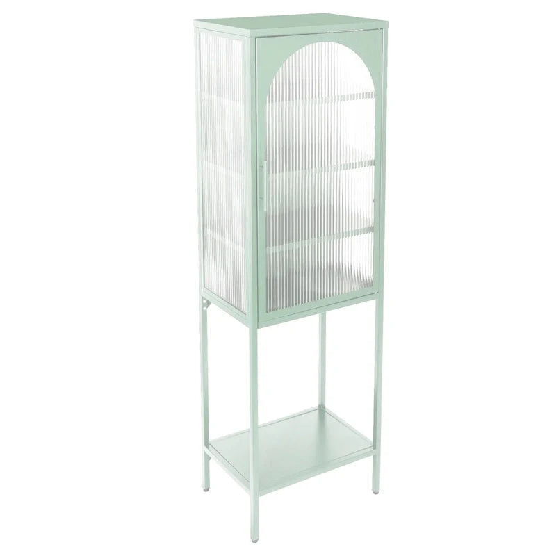 Vitrina alta verde claro, curva y con vidrio estriado, estantería metálica de almacenamiento con estante abierto para decoración del hogar