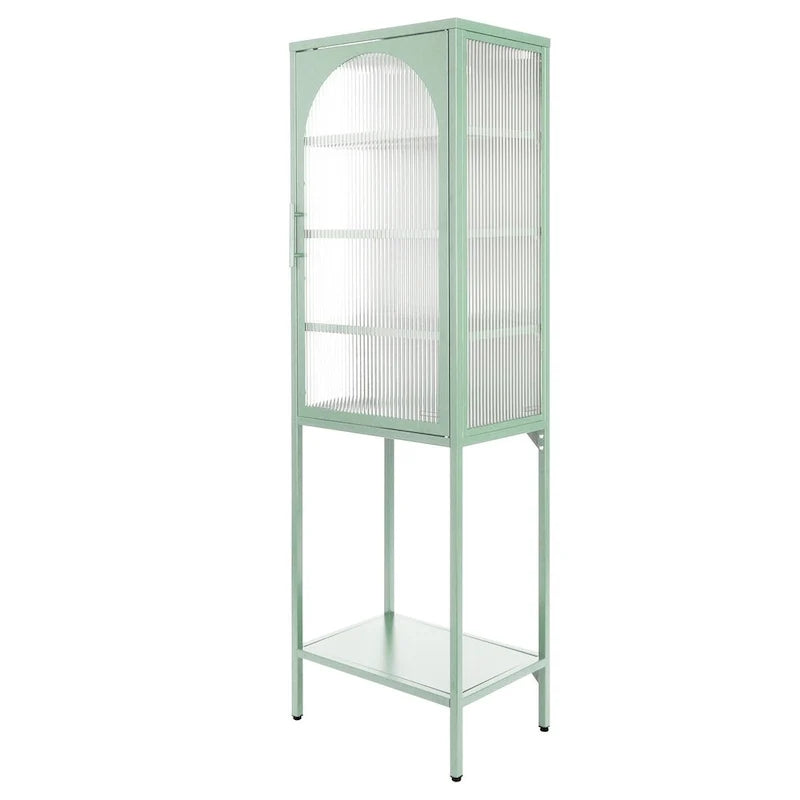 Vitrina alta verde claro, curva y con vidrio estriado, estantería metálica de almacenamiento con estante abierto para decoración del hogar