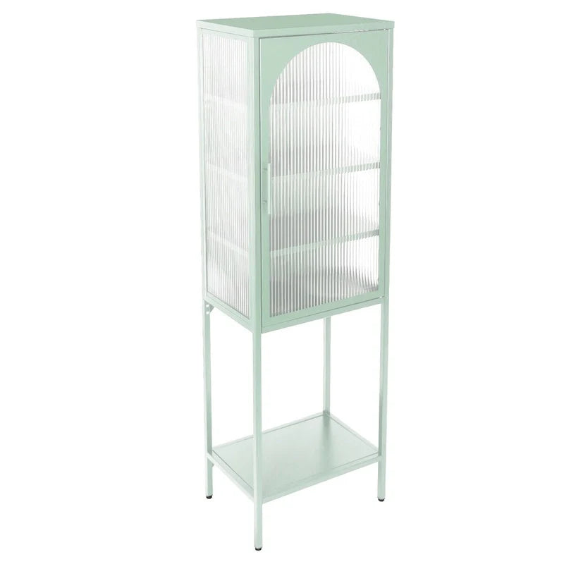 Vitrina alta verde claro, curva y con vidrio estriado, estantería metálica de almacenamiento con estante abierto para decoración del hogar