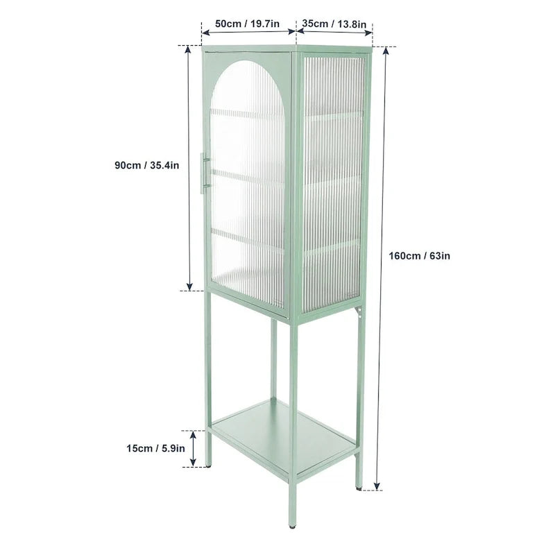 Vitrina alta verde claro, curva y con vidrio estriado, estantería metálica de almacenamiento con estante abierto para decoración del hogar