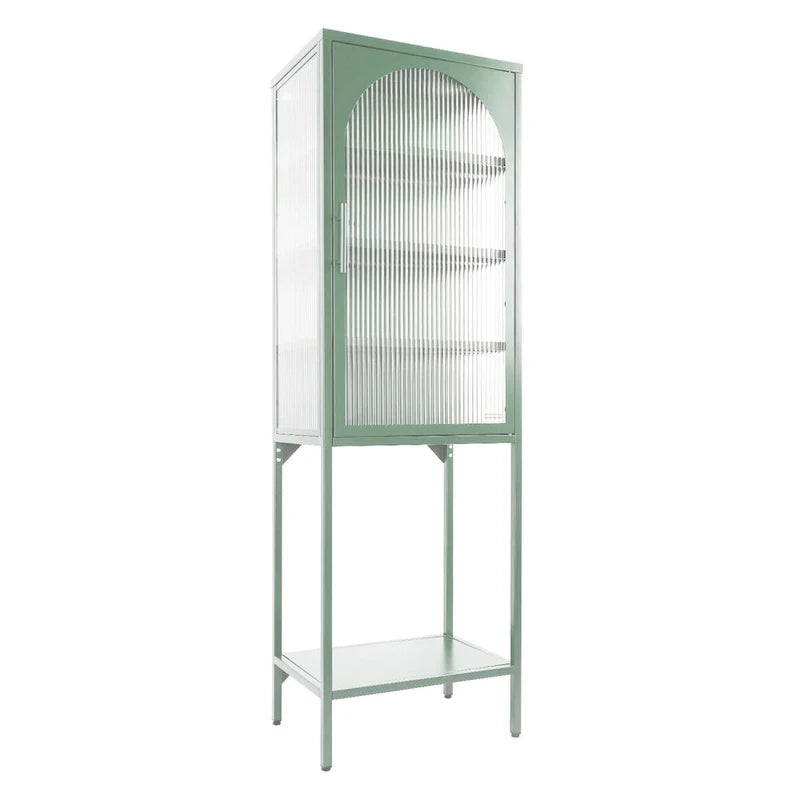 Vitrina alta verde claro, curva y con vidrio estriado, estantería metálica de almacenamiento con estante abierto para decoración del hogar