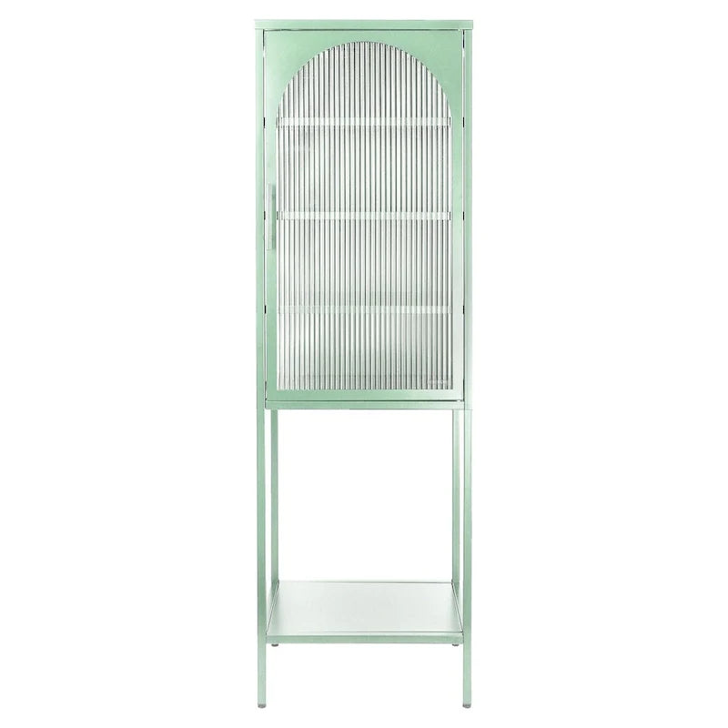 Vitrina alta verde claro, curva y con vidrio estriado, estantería metálica de almacenamiento con estante abierto para decoración del hogar