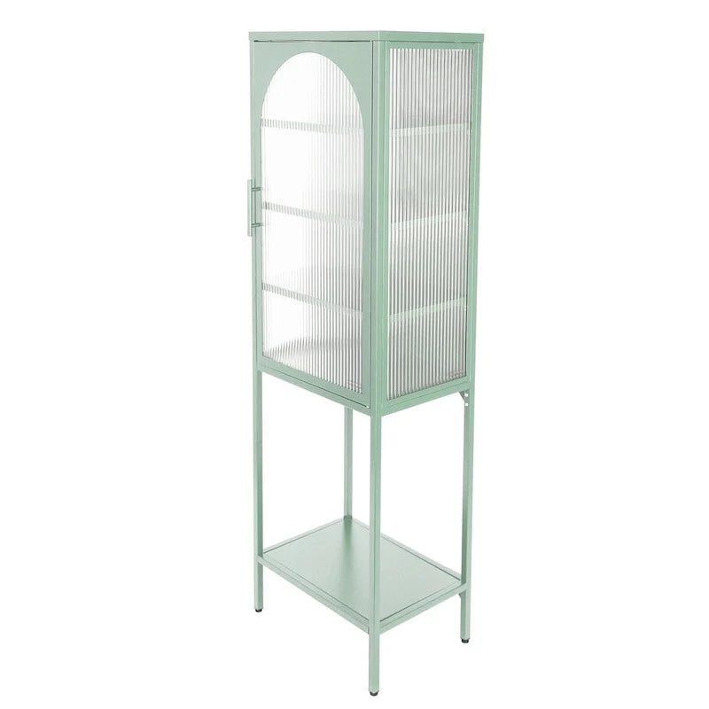 Vitrina alta verde claro, curva y con vidrio estriado, estantería metálica de almacenamiento con estante abierto para decoración del hogar