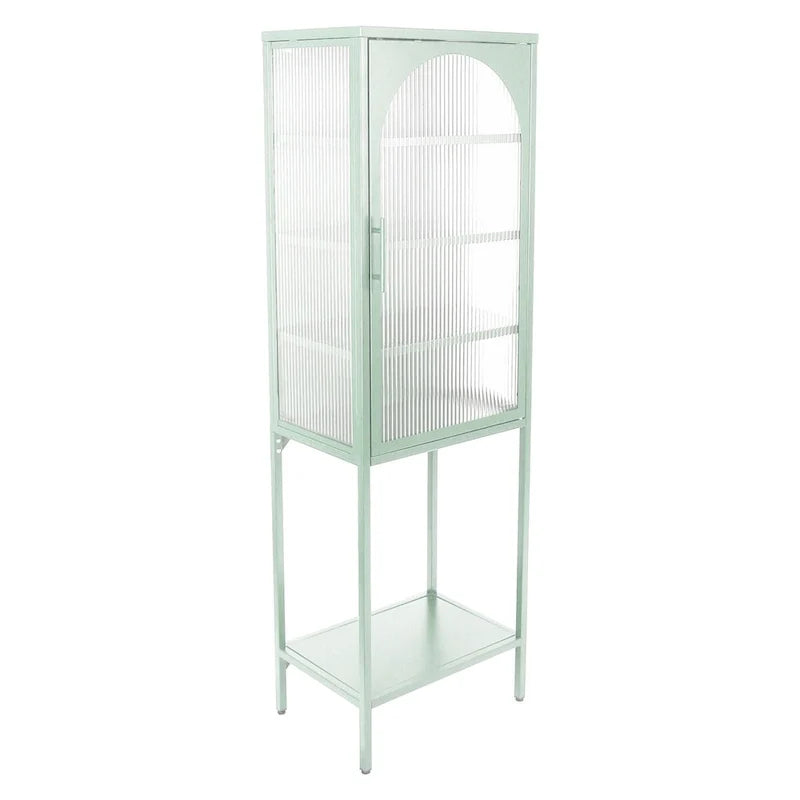 Vitrina alta verde claro, curva y con vidrio estriado, estantería metálica de almacenamiento con estante abierto para decoración del hogar