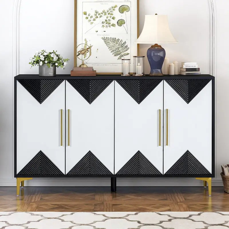 Unique Features of a Four-Door Cabinet with Two-Tone Triangular Pattern Doors, Suitable For Entryway