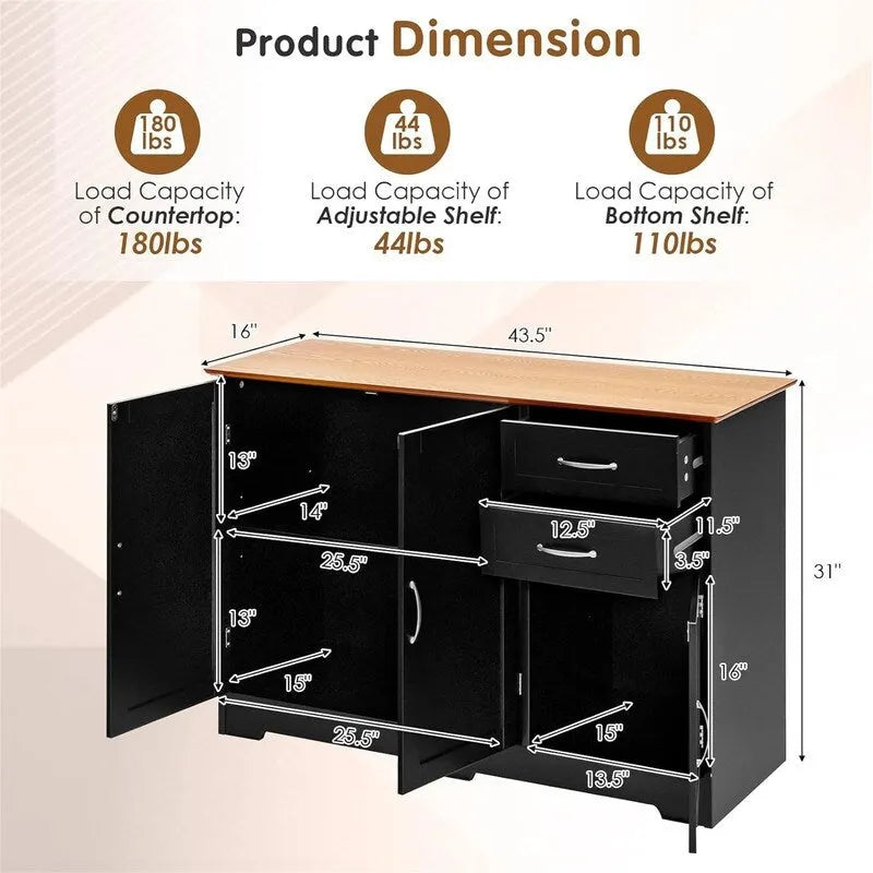 Kitchen Sideboard with Storage Cabinets & Drawers
