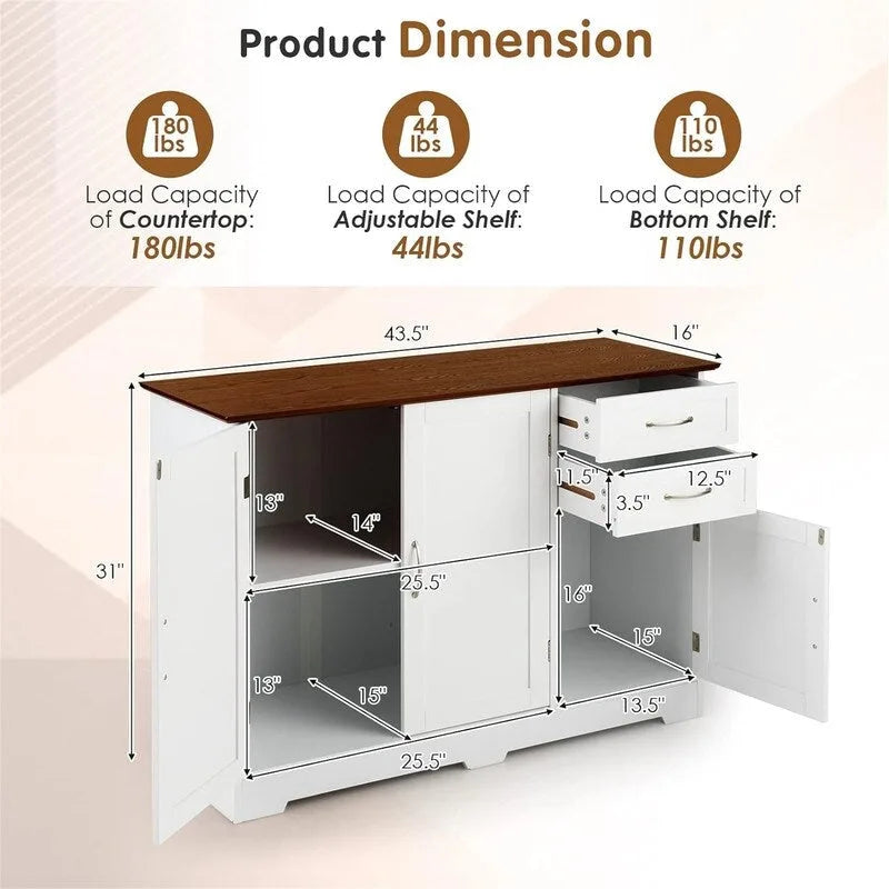 Kitchen Sideboard with Storage Cabinets & Drawers