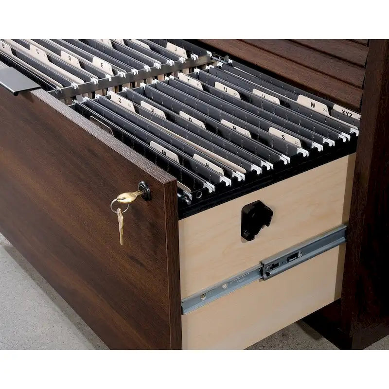 Slatted Wood Lateral File Cabinet with Lock for Home Office