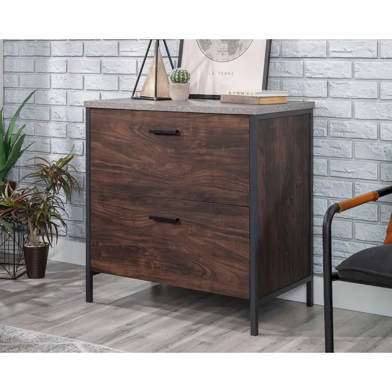 Industrial Wood Metal 2 Drawer Storage Cabinet