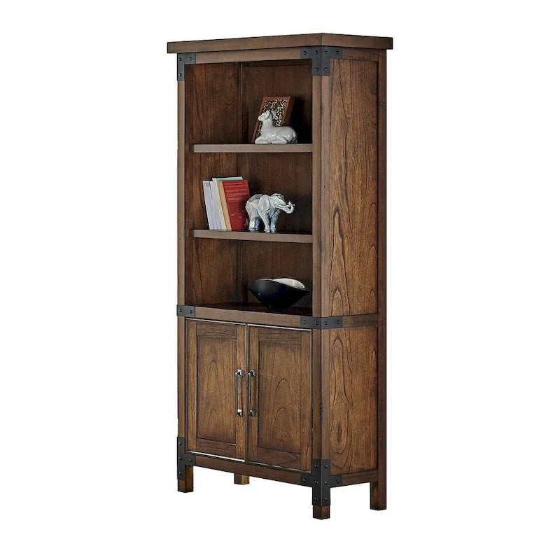 Rustic Bookcase With Doors, Office Shelving, Storage Cabinet, Brown