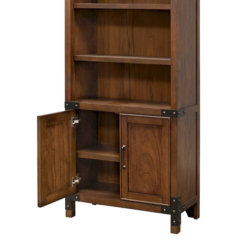 Rustic Bookcase With Doors, Office Shelving, Storage Cabinet, Brown
