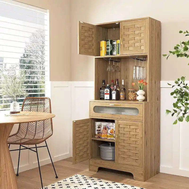 Kitchen Buffet and Hutch Wooden Storage Cupboard with Glass Accent Drawer, and Microwave Space