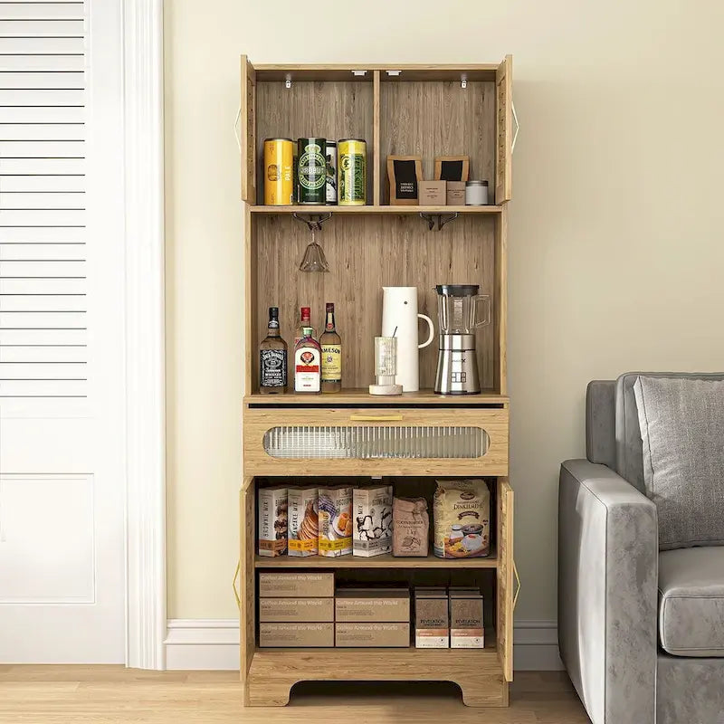 Kitchen Buffet and Hutch Wooden Storage Cupboard with Glass Accent Drawer, and Microwave Space