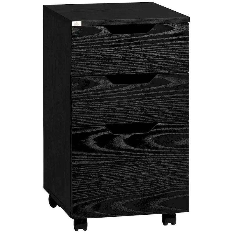 3 Drawer Office Storage Cabinet, Under Desk Cabinet with Wheels, Black Wood Grain
