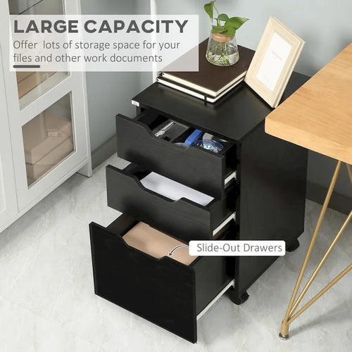 Meuble de rangement de bureau à 3 tiroirs, caisson à roulettes sous le bureau, finition bois noir