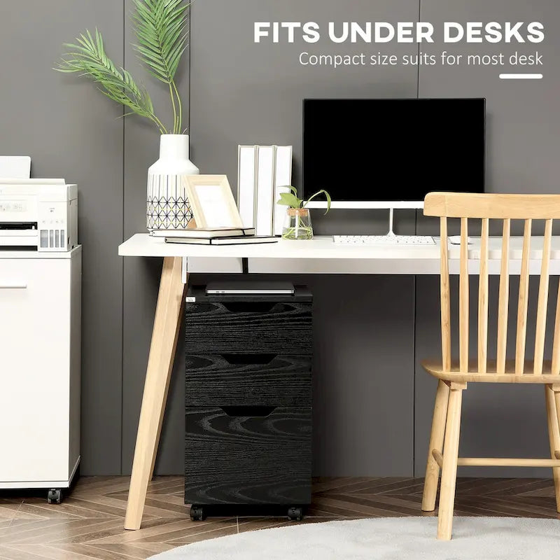 Armario de almacenamiento de oficina con 3 cajones, mueble bajo escritorio con ruedas, acabado de veta de madera negra