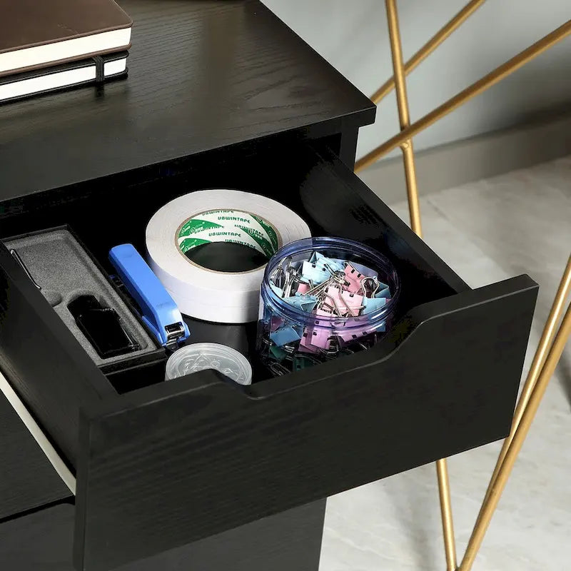 Armario de almacenamiento de oficina con 3 cajones, mueble bajo escritorio con ruedas, acabado de veta de madera negra