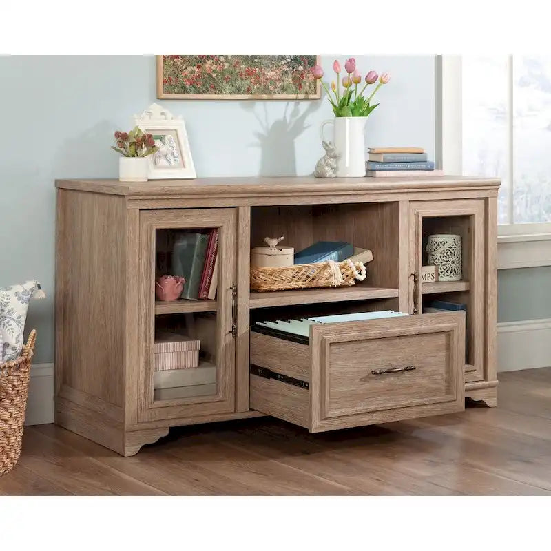 Buffet de rangement de style champêtre pour bureau, meuble en bois avec portes vitrées et tiroir, console buffet basse pour bureau à domicile