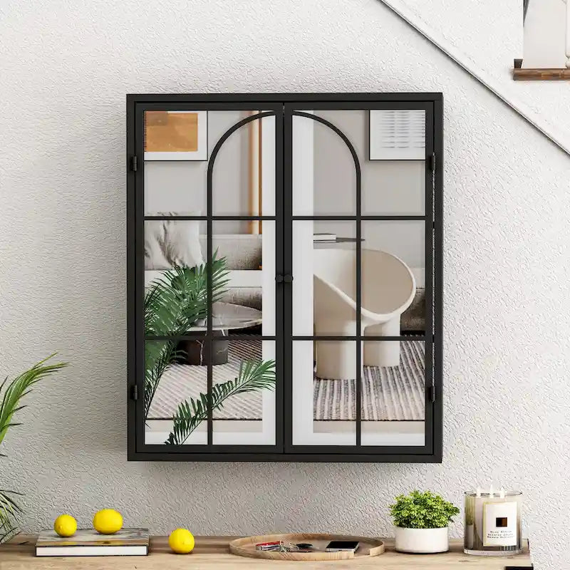 Armoire murale vintage de 23.62 à deux portes avec miroir, trois niveaux de rangement pour l’entrée, le salon, la salle de bain ou la salle à manger, noire