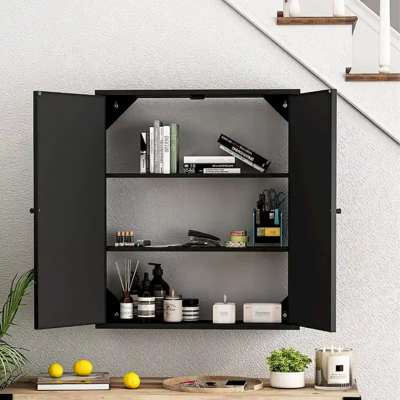 Armoire murale vintage de 23.62 à deux portes avec miroir, trois niveaux de rangement pour l’entrée, le salon, la salle de bain ou la salle à manger, noire